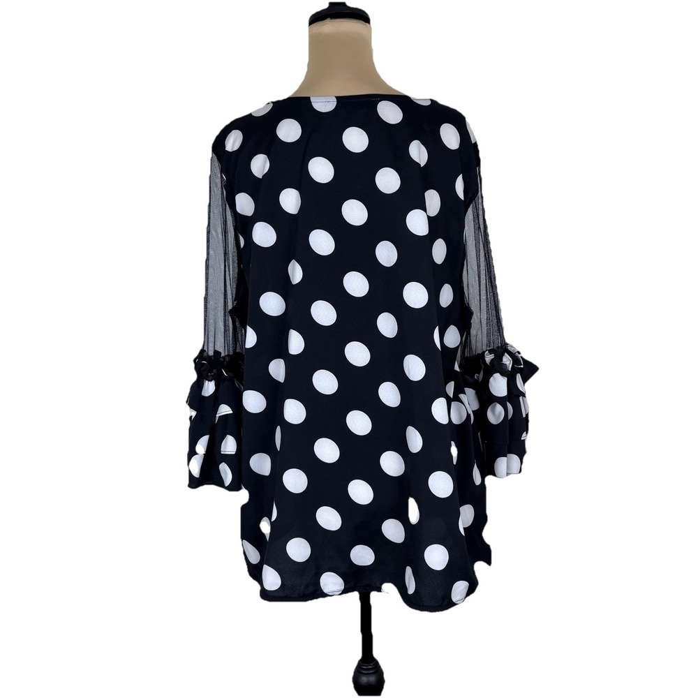 Womens‎ Polka Dot Blouse Black White 1X Sheer Mesh Ruffle Sleeve Feminine - Picture 11 of 16